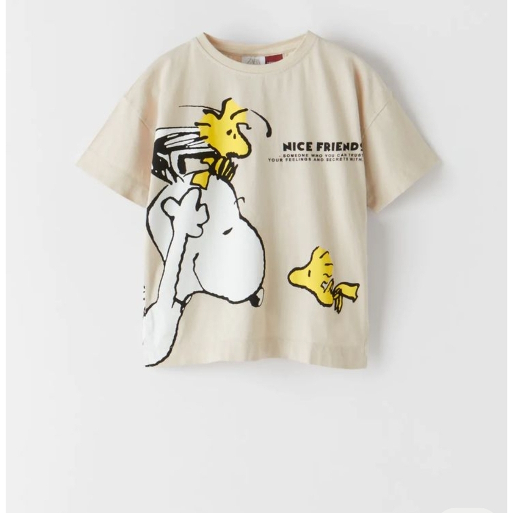 Zara X Peanuts Very Rare Cream Graphic Peanuts Snoopy & Woodstock Tee New